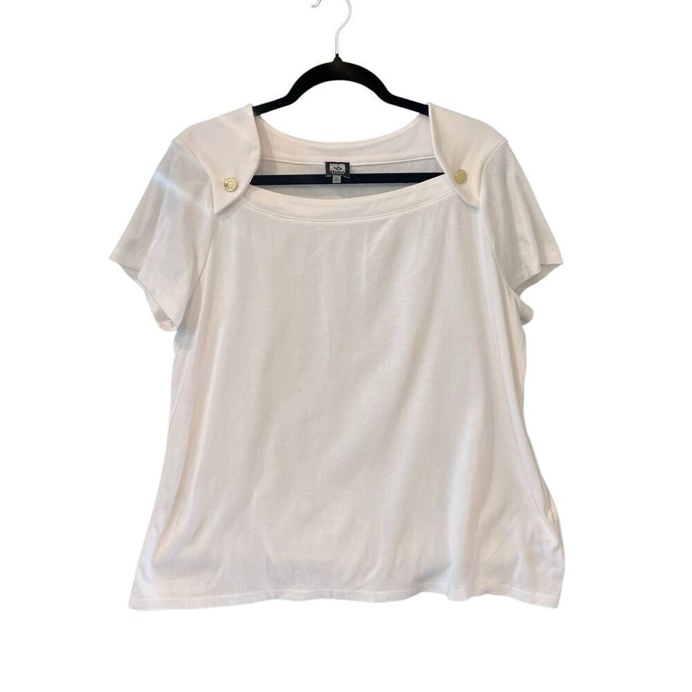 Anne Klein Sport Women's Square Neck Gold Buttons Short Sleeve T-Shirt White XL